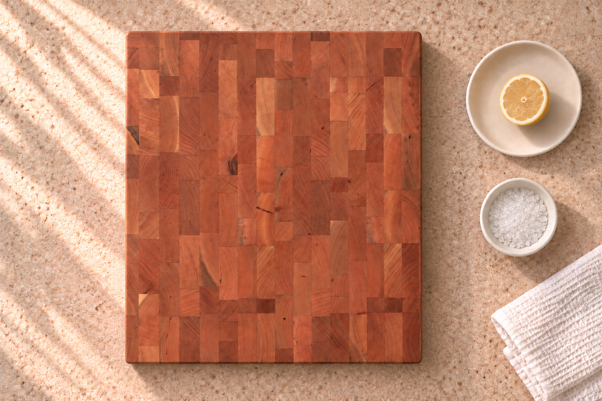 Overhead illustration of a cherry end-grain block beside half a lemon on a saucer, a bowl of coarse salt and a folded white cloth.
