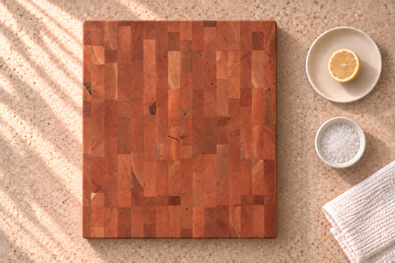 Overhead illustration of a cherry end-grain block beside half a lemon on a saucer, a bowl of coarse salt and a folded white cloth.