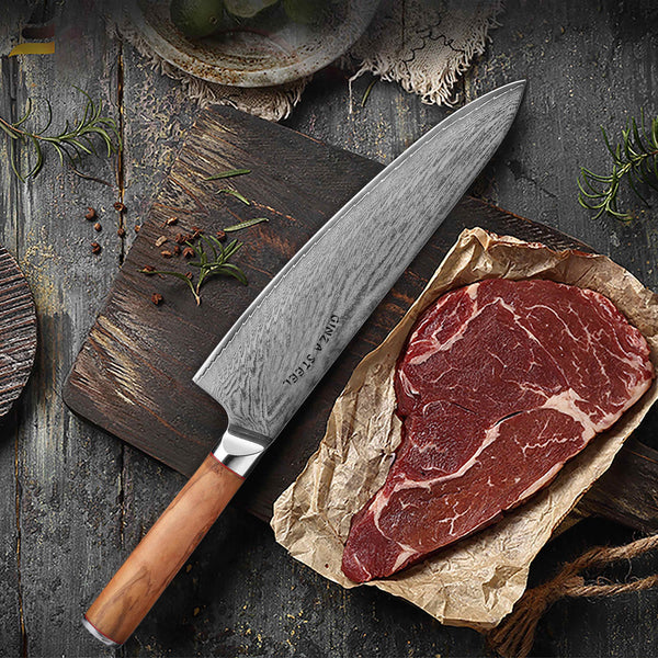Ginza Steel MIA 24 Chef Knife 9” – Damascus AUS10, 67-Layer, Olive Wood Handle