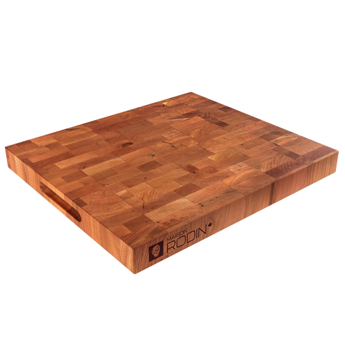 Angled view of the cherry end-grain butcher block, 18 × 16 in