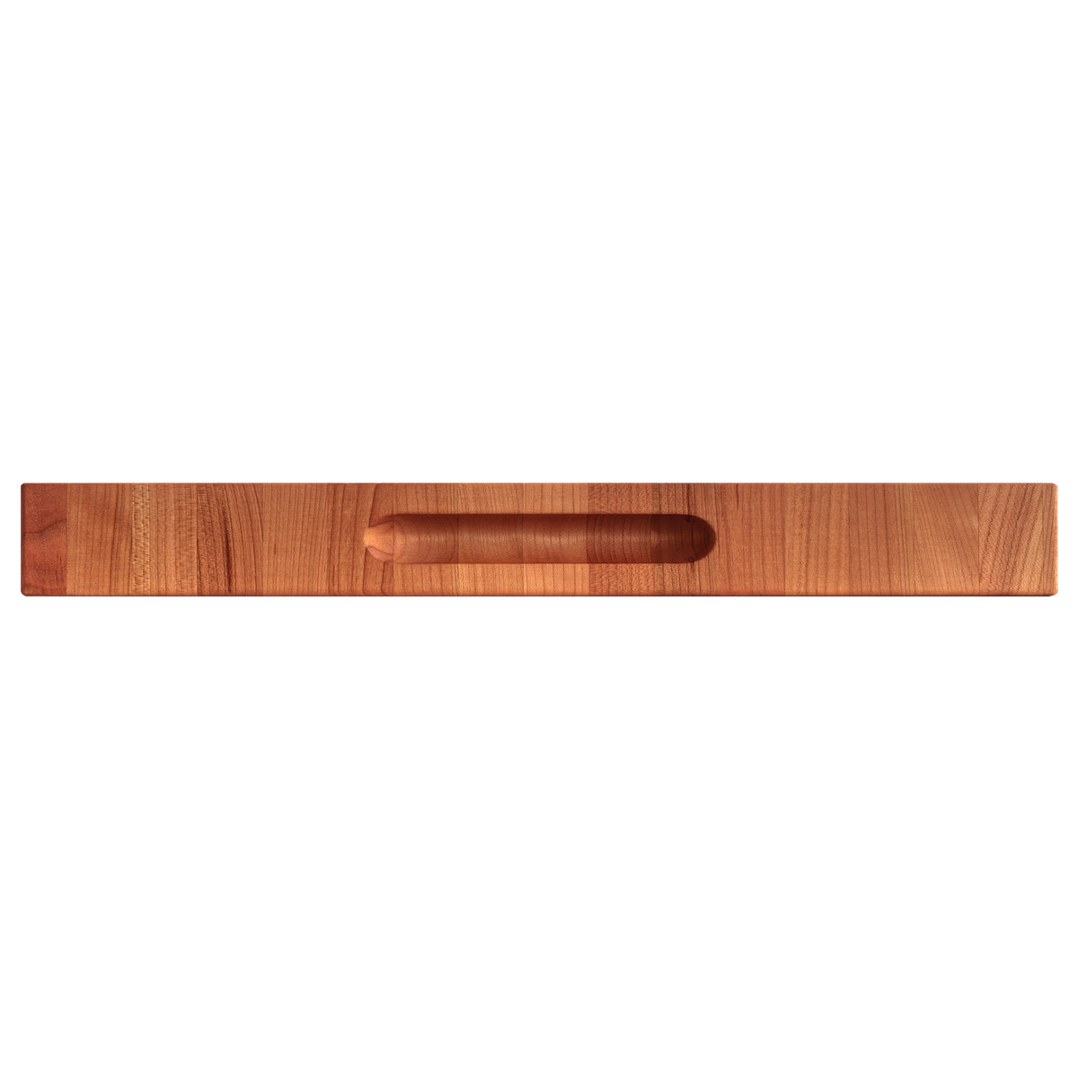Side view showing the hand grip of the cherry end-grain butcher block, 18 × 16 in