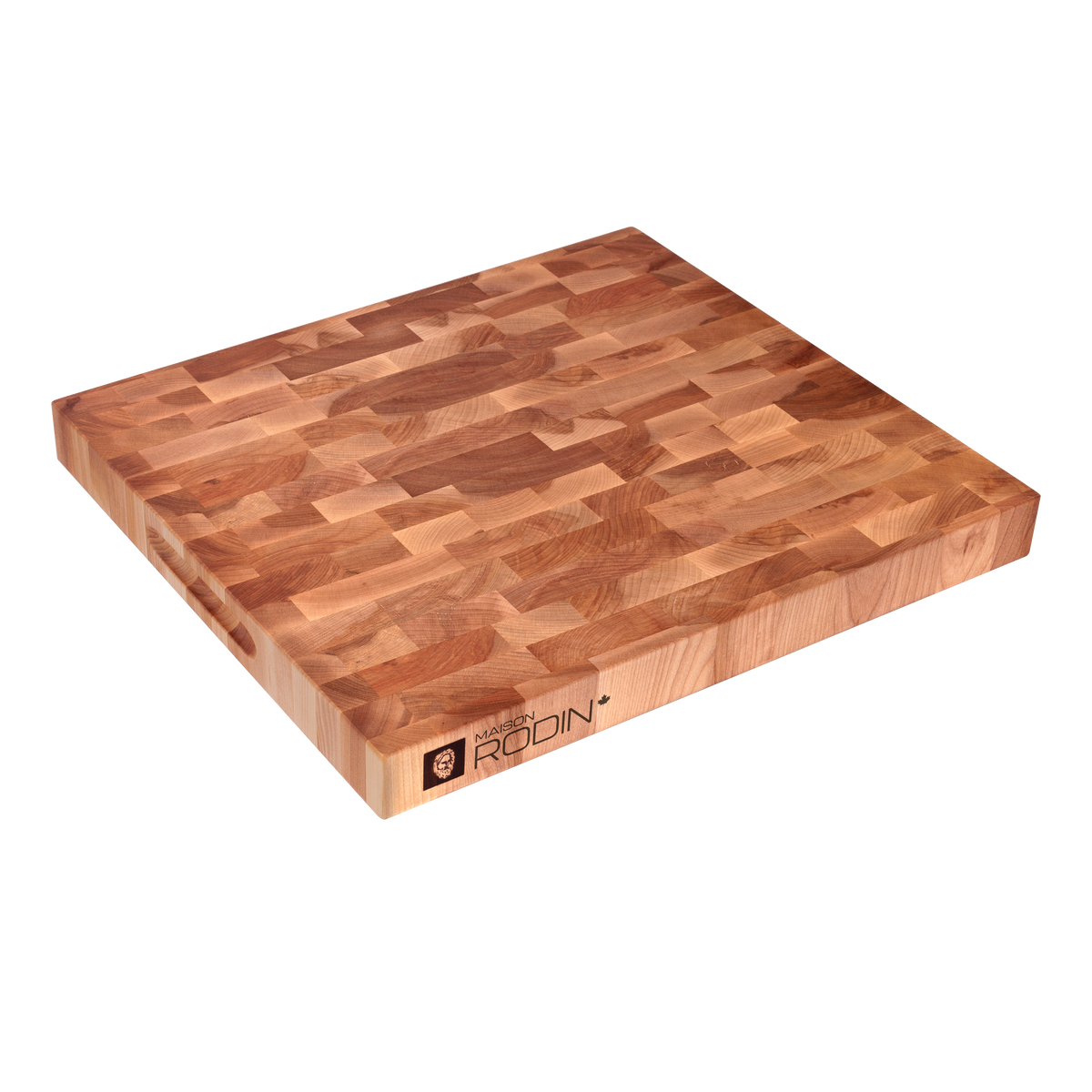 Angled view of the maple and birch end-grain butcher block, 18 × 16 in