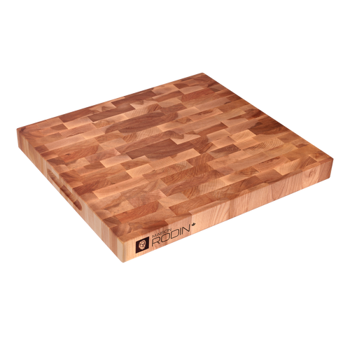 Angled view of the maple and birch end-grain butcher block, 18 × 16 in