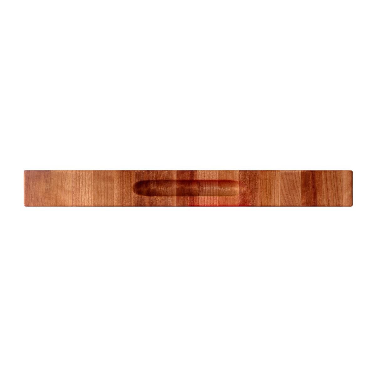 Side view showing the hand grip of the maple and birch end-grain butcher block, 18 × 16 in