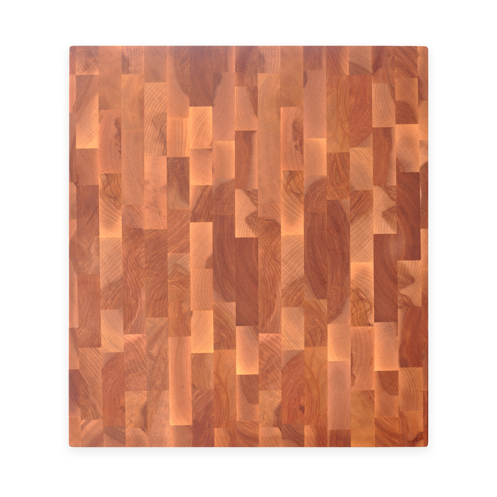 Overhead view of the maple and birch end-grain butcher block, 18 × 16 in