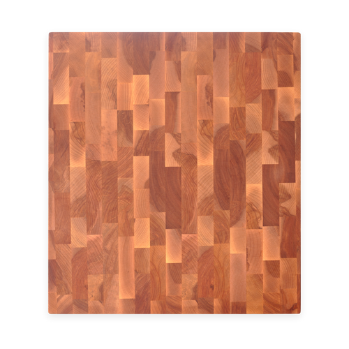 Overhead view of the maple and birch end-grain butcher block, 18 × 16 in