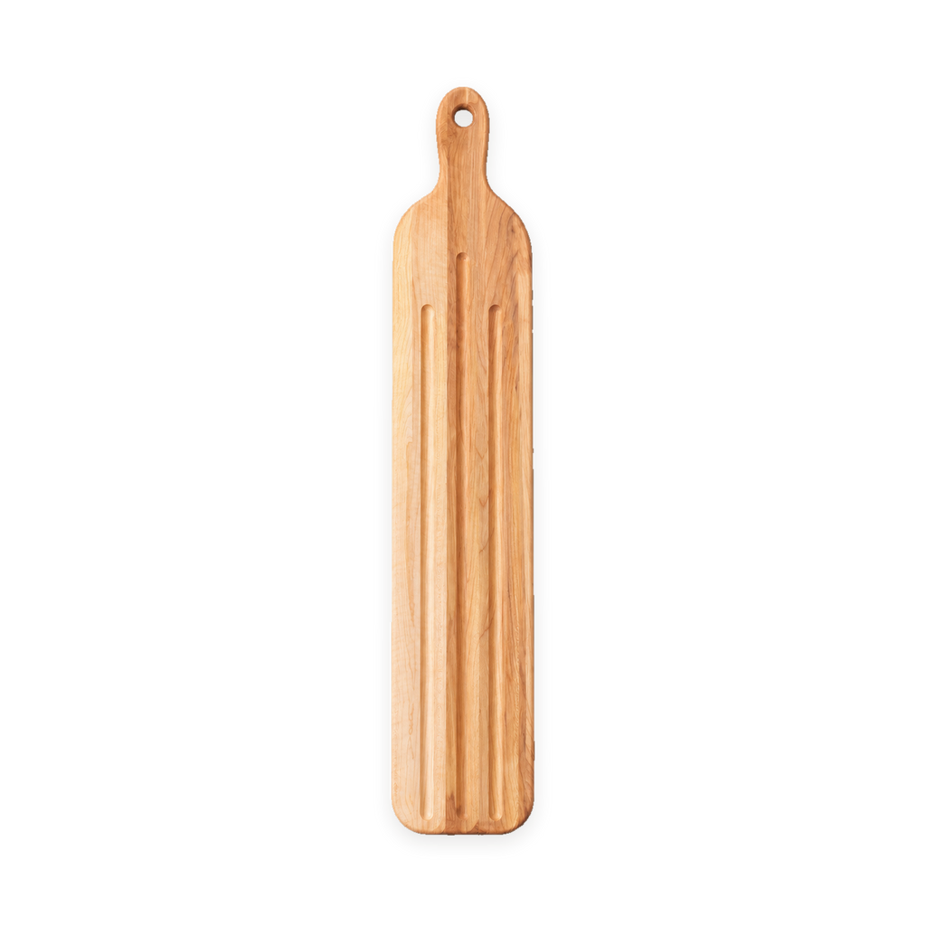 Overhead view of the wooden baguette board, 24 × 5 in