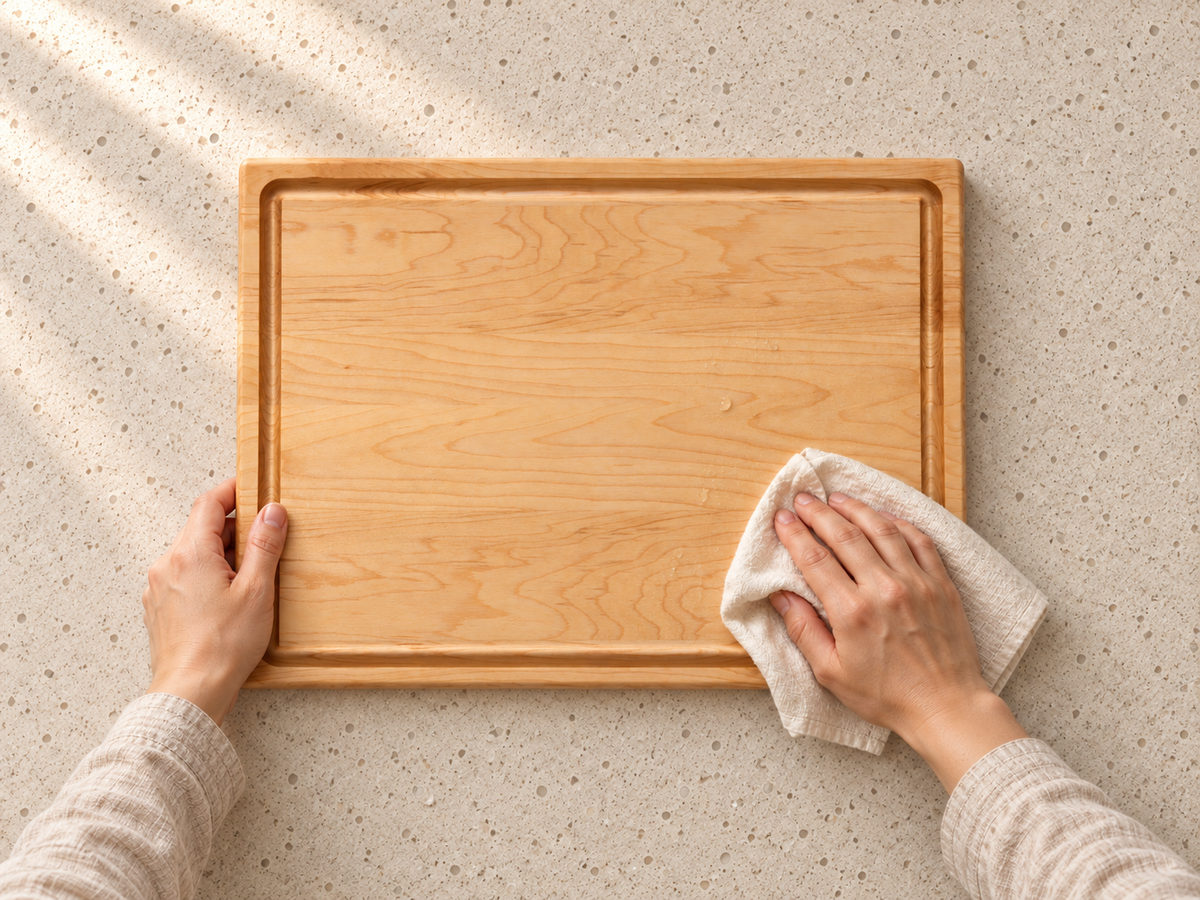 Drying Maple Cutting Boards with Juice Groove, 16″ × 12″, Set of 2 with a clean towel before allowing both sides to air-dry.