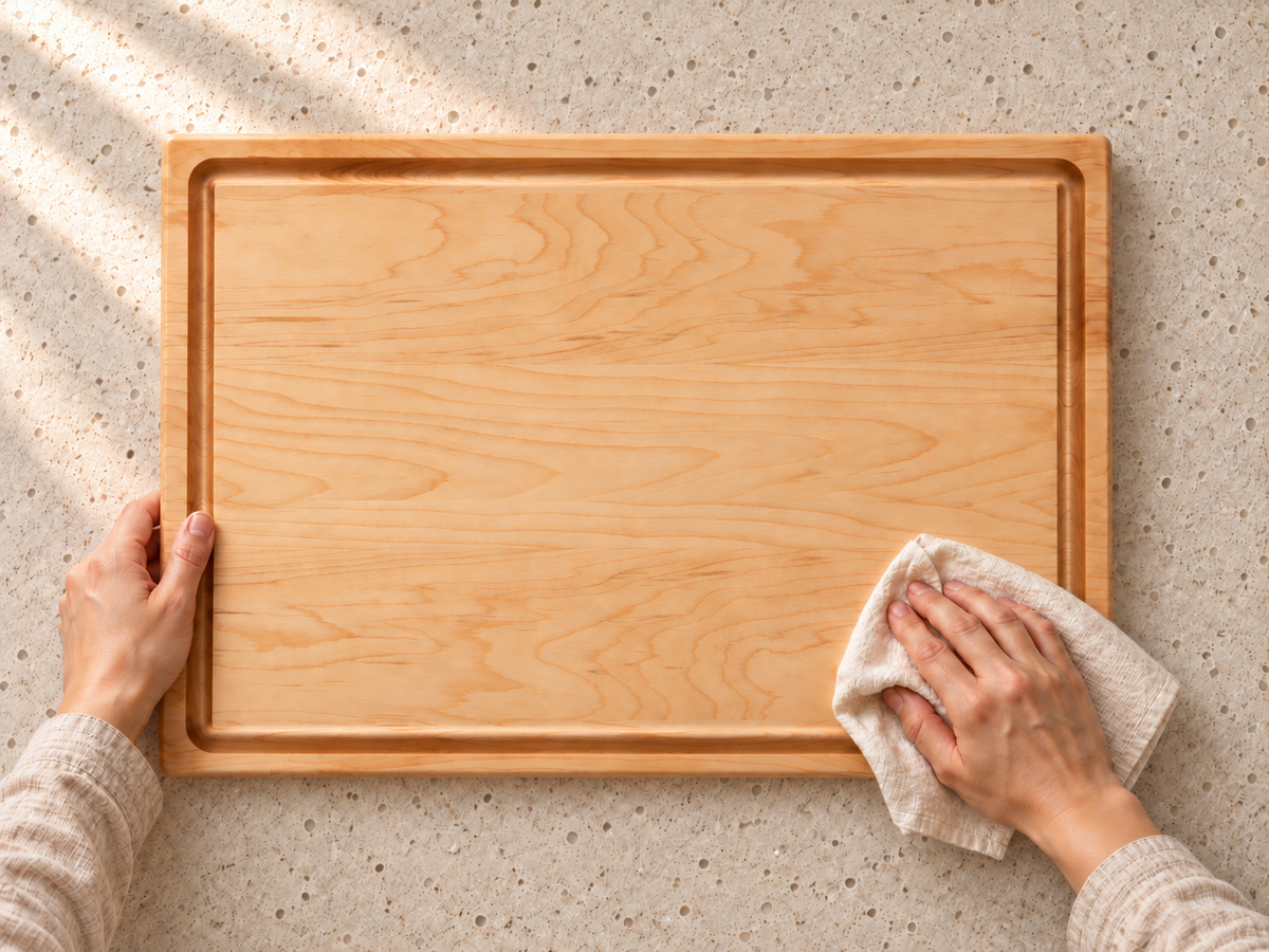 Drying Maple Cutting Board with Juice Groove, 20″ × 14″ with a clean towel before allowing both sides to air-dry.
