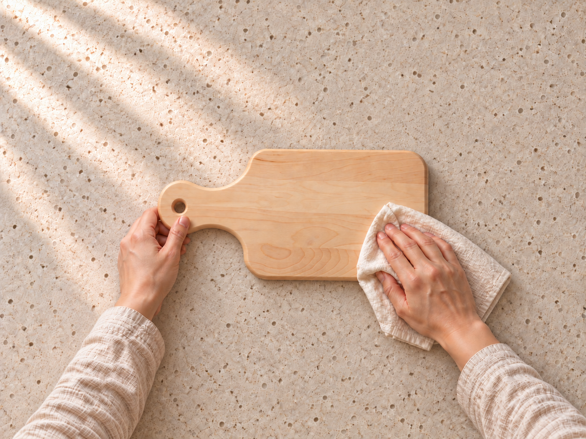 Drying Maple Serving Board with Handle, 12″ × 6″ with a clean towel before allowing both sides to air-dry.