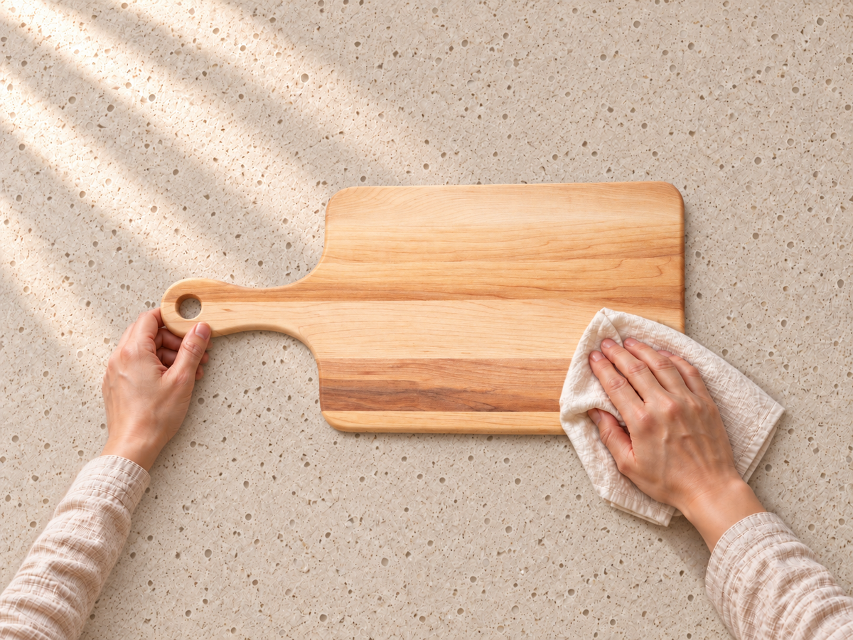 Drying Maple Serving Board with Handle, 16″ × 8″ with a clean towel before allowing both sides to air-dry.