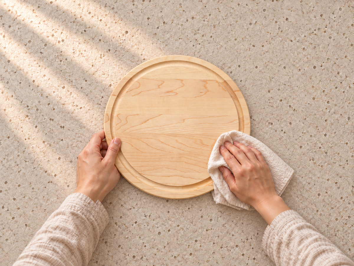 Drying Round Maple Steak Boards with Juice Groove, 11″, Set of 2 with a clean towel before allowing both sides to air-dry.