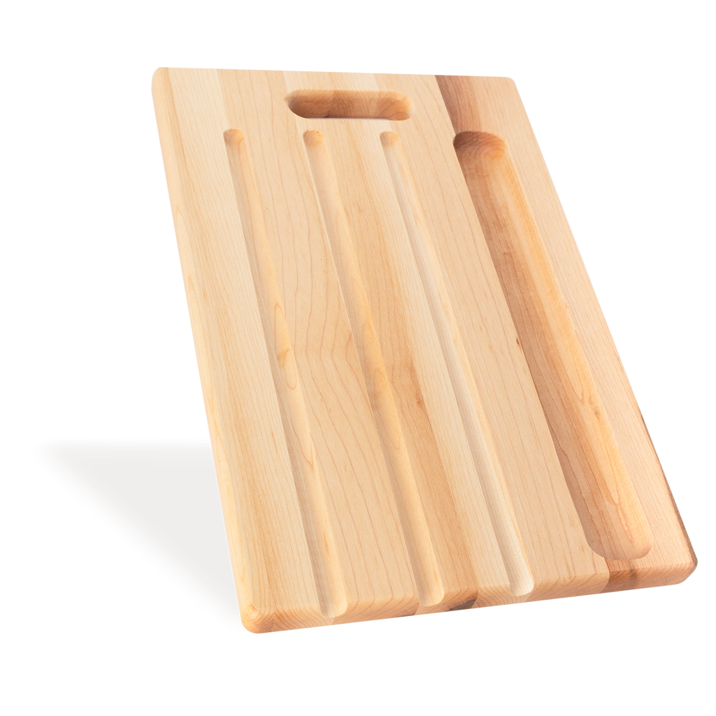 Vue de côté de la planche à pain en bois avec rainures et rangement pour couteau, de 16 × 10 po
