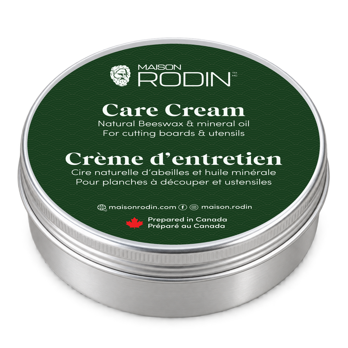 Three-quarter view of the closed MAISON RODIN Care Cream tin