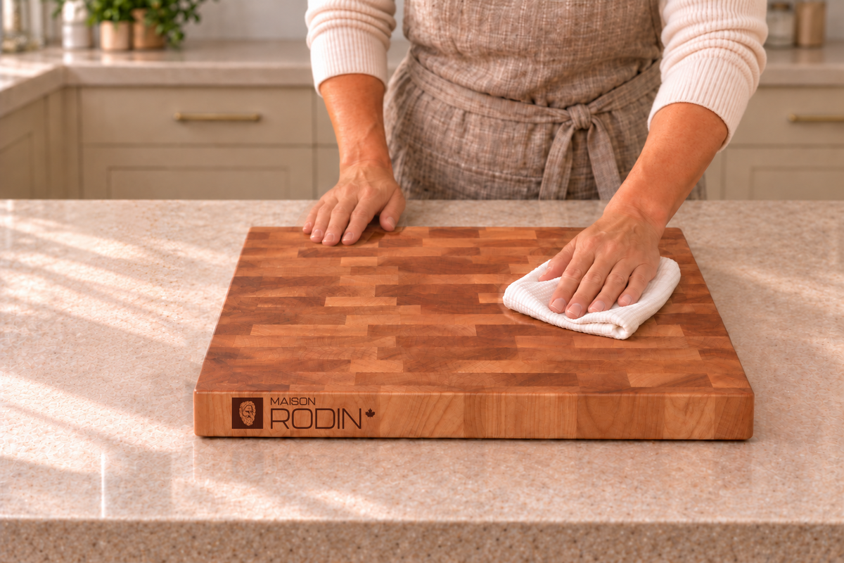 A clean cloth spreads a thin layer of MAISON RODIN Care Cream over a wooden board
