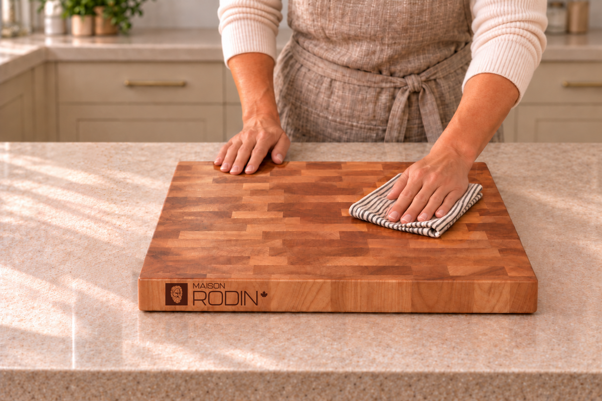 A clean cloth buffs excess MAISON RODIN Care Cream from a wooden board