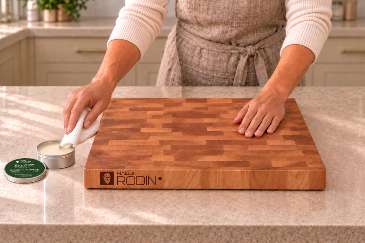 A clean cloth picks up a small amount of MAISON RODIN Care Cream beside a wooden board