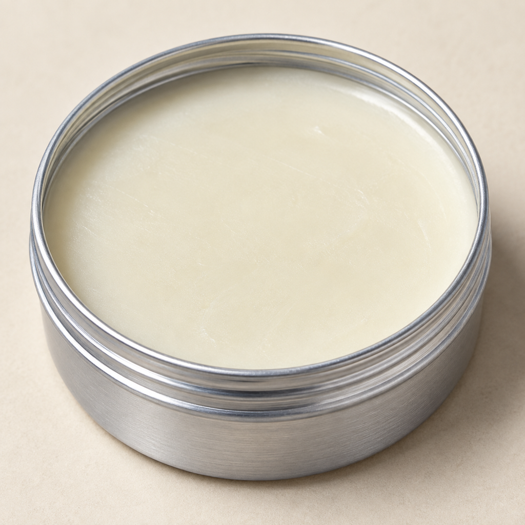 Close-up of the pale cream inside the metal MAISON RODIN Care Cream tin