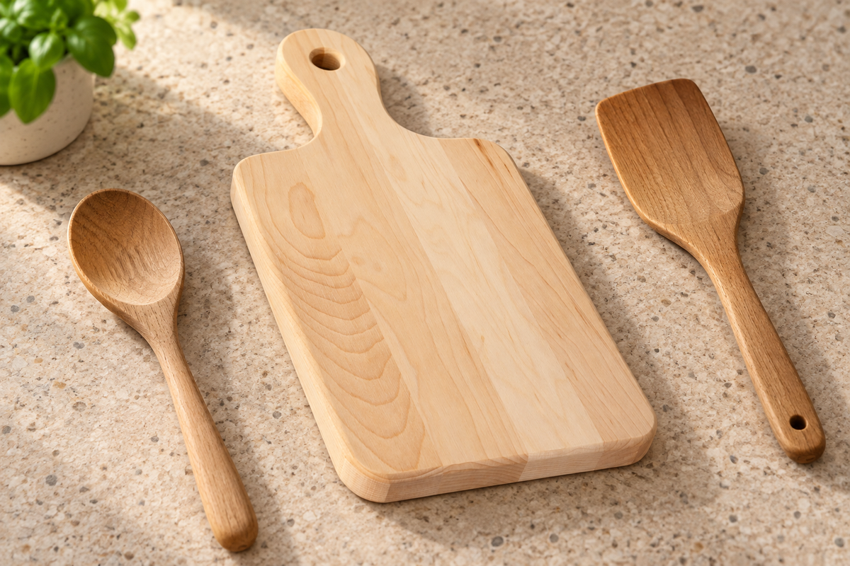 A handled maple cutting board with a wooden spoon and spatula on a kitchen worktop