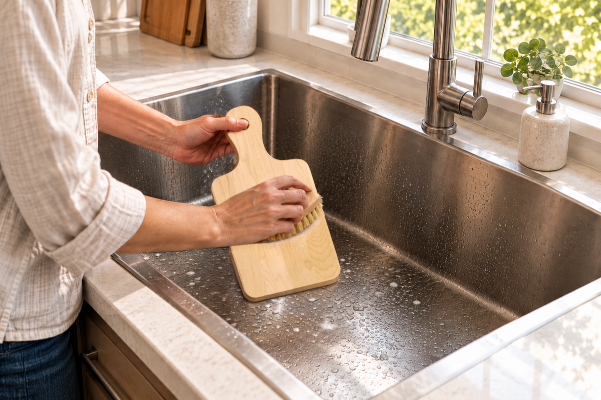 Hand-washing Maple Serving Board with Handle, 12″ × 6″ with a soft brush in a stainless steel sink.