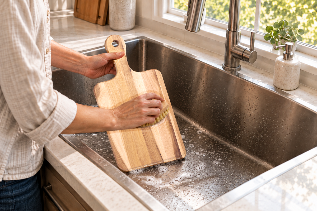 Hand-washing Maple Serving Board with Handle, 16″ × 8″ with a soft brush in a stainless steel sink.