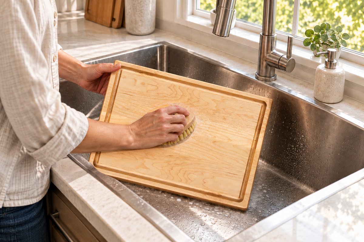 Hand-washing Maple Cutting Boards with Juice Groove, 16″ × 12″, Set of 2 with a soft brush in a stainless steel sink.
