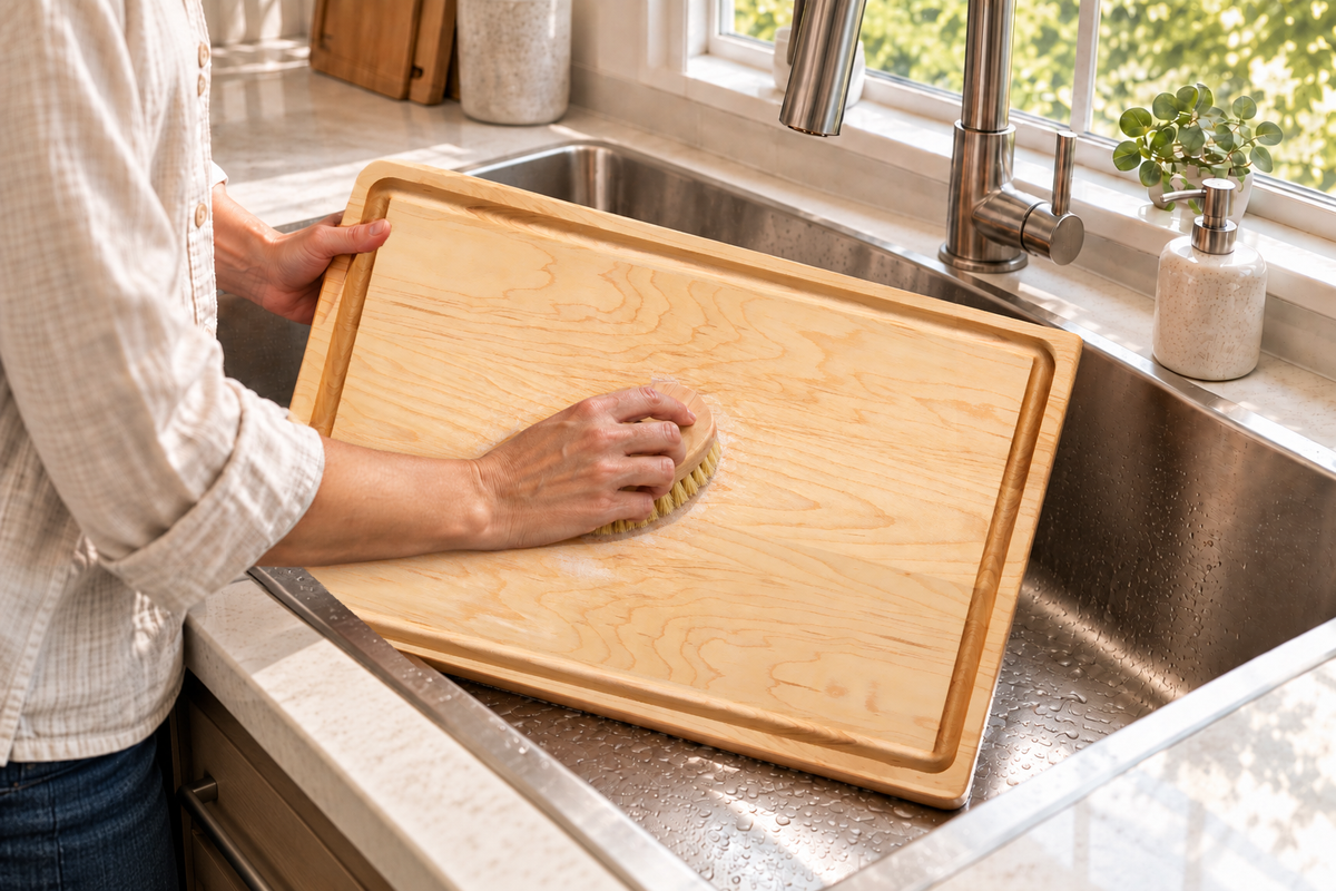 Hand-washing Maple Cutting Board with Juice Groove, 20″ × 14″ with a soft brush in a stainless steel sink.