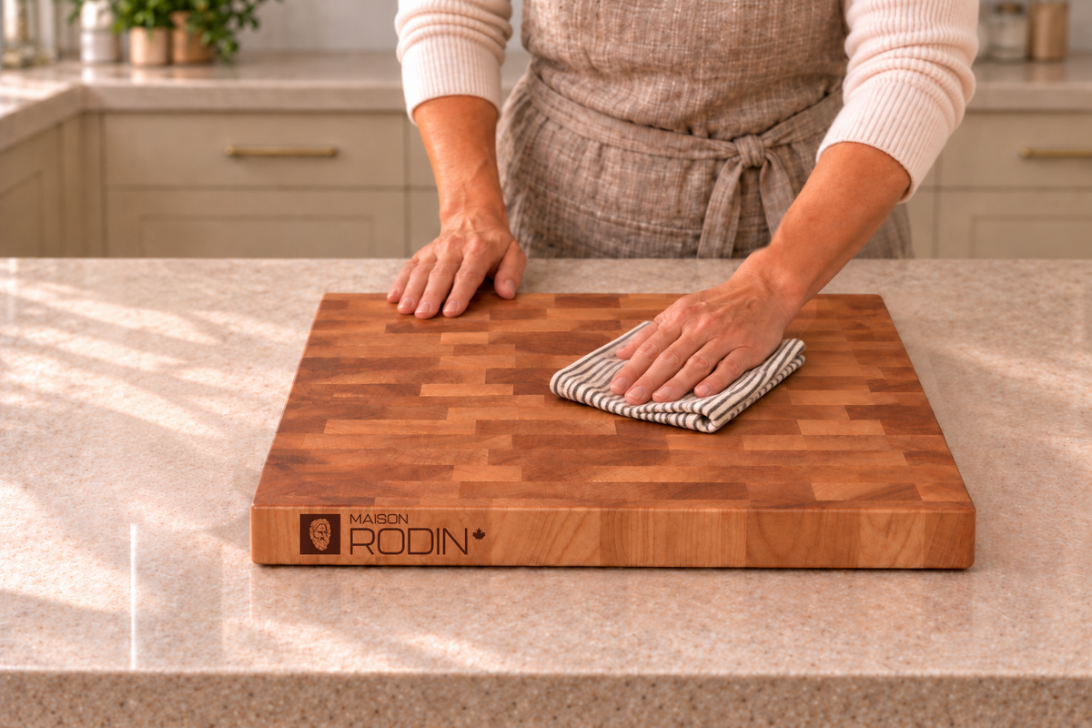 A clean cloth wipes excess oil from a wooden board