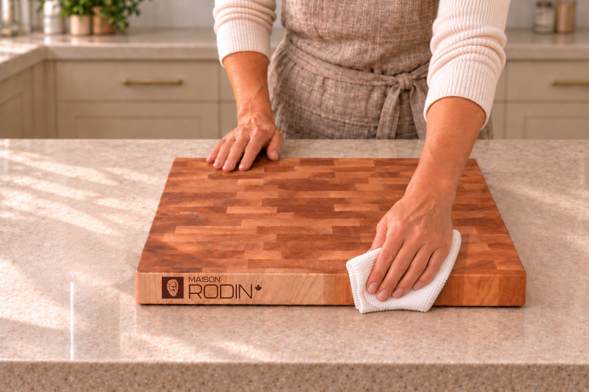 A clean cloth spreads a thin coat of oil along the edge of a wooden board