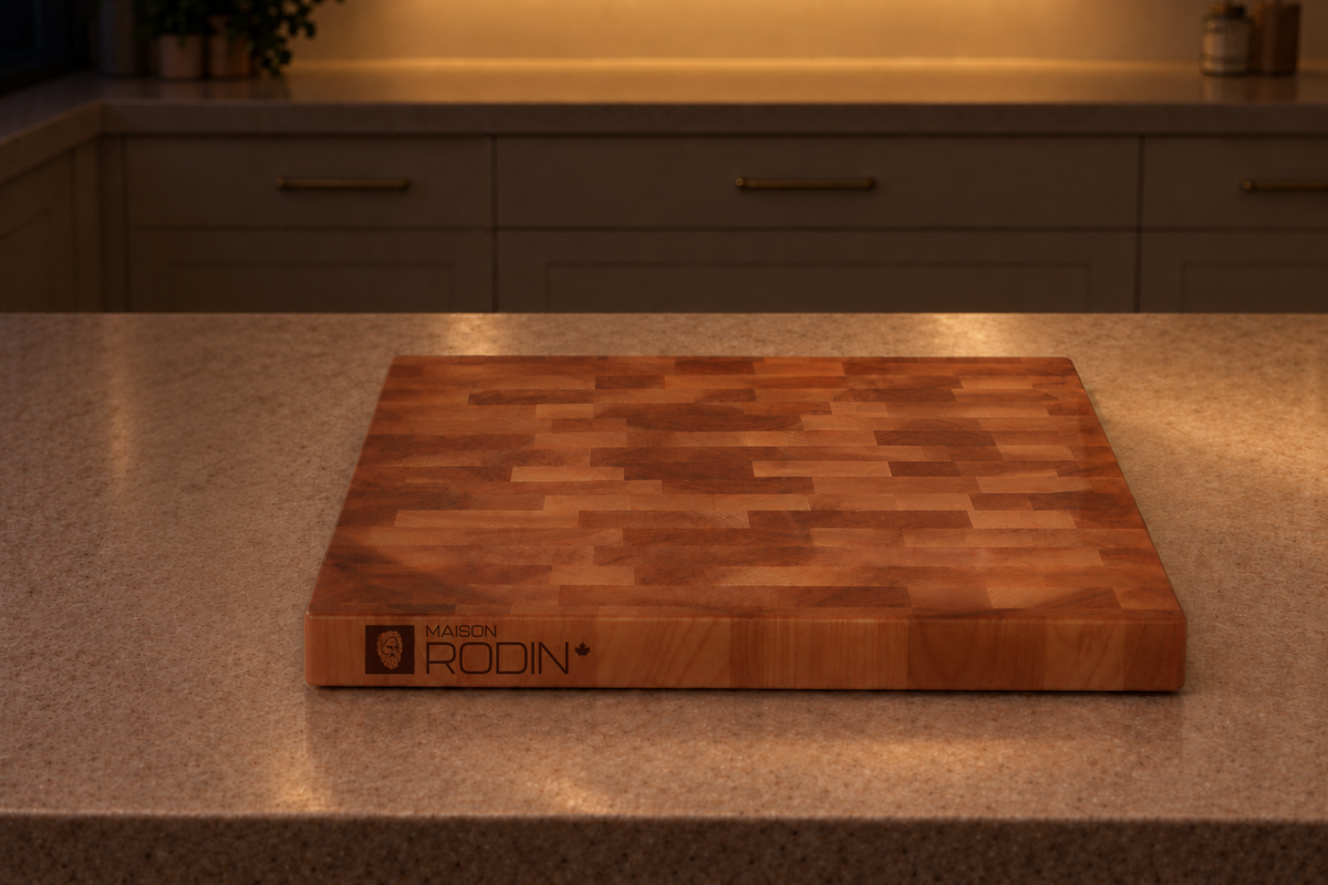 An oiled wooden board rests overnight on a kitchen worktop