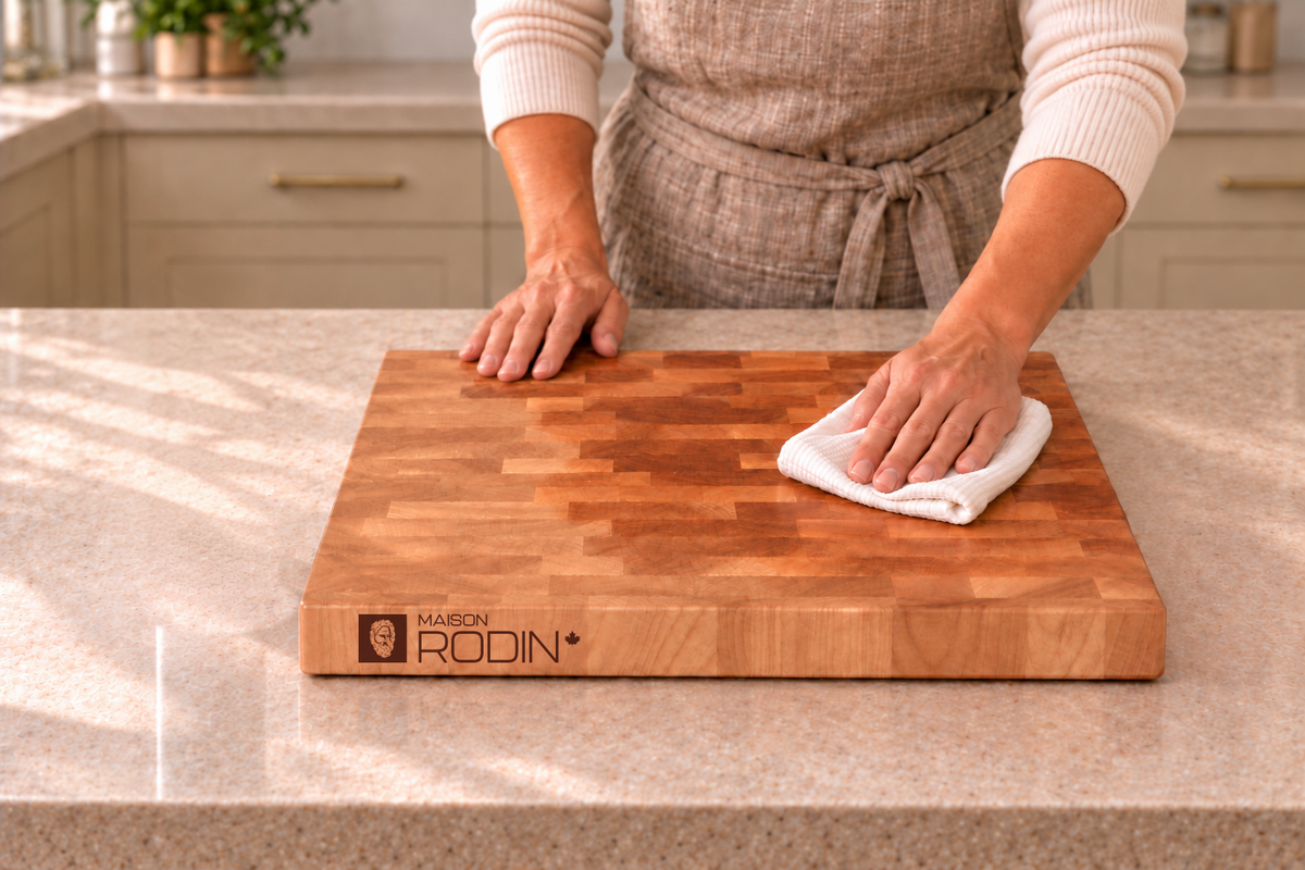 A clean cloth spreads MAISON RODIN Care Oil over a clean, completely dry wooden board