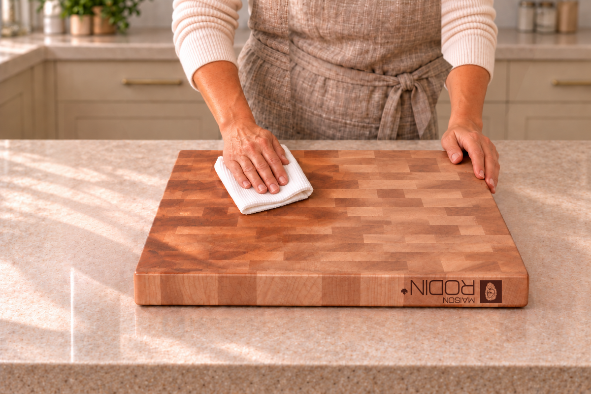 A securely supported wooden board receives a thin coat of oil on its underside