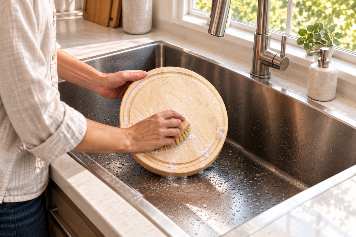 Hand-washing Round Maple Steak Boards with Juice Groove, 11″, Set of 2 with a soft brush in a stainless steel sink.