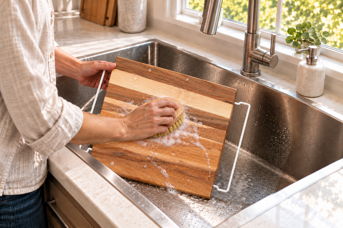 Lavage à la main d’une planche en bois avec une brosse souple dans un évier en acier inoxydable.