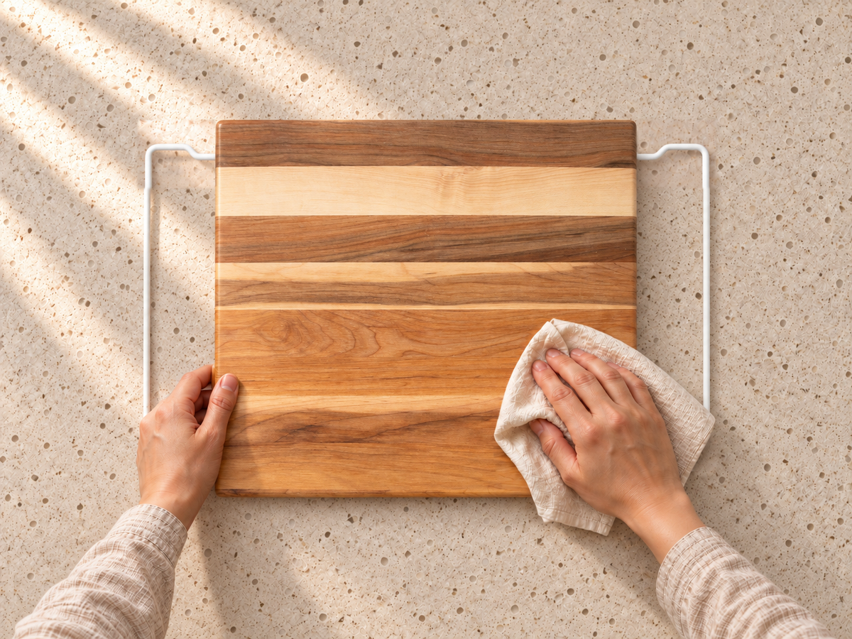 Essuyage d’une planche en bois avec un linge propre avant le séchage à l’air des deux côtés.