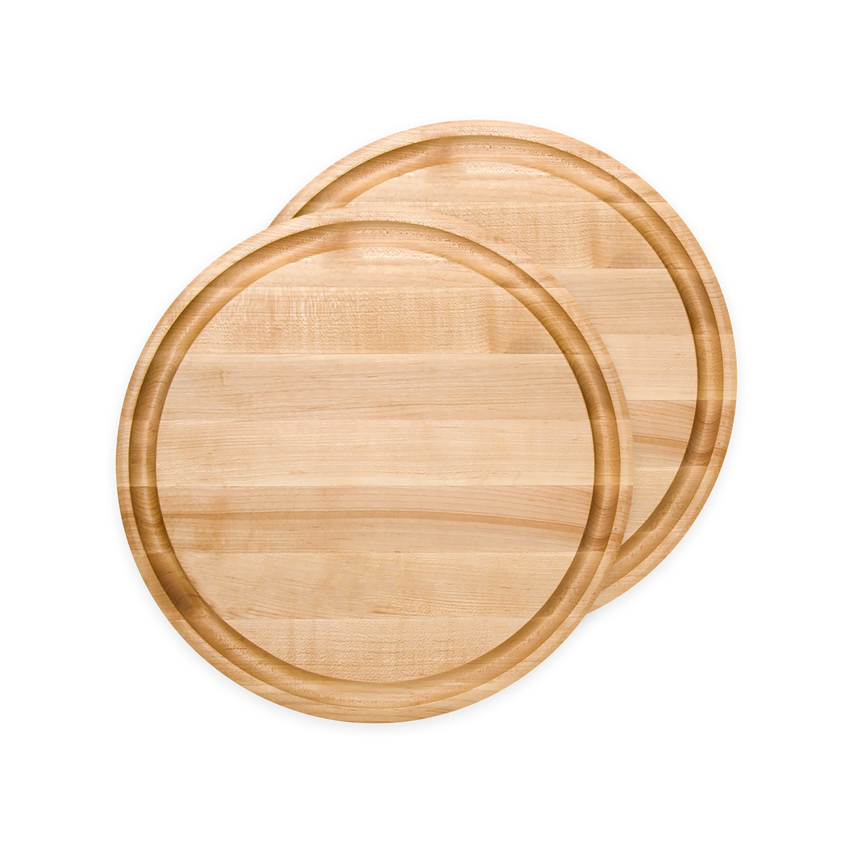 Two round maple steak boards with juice grooves, 11-inch size, viewed from above