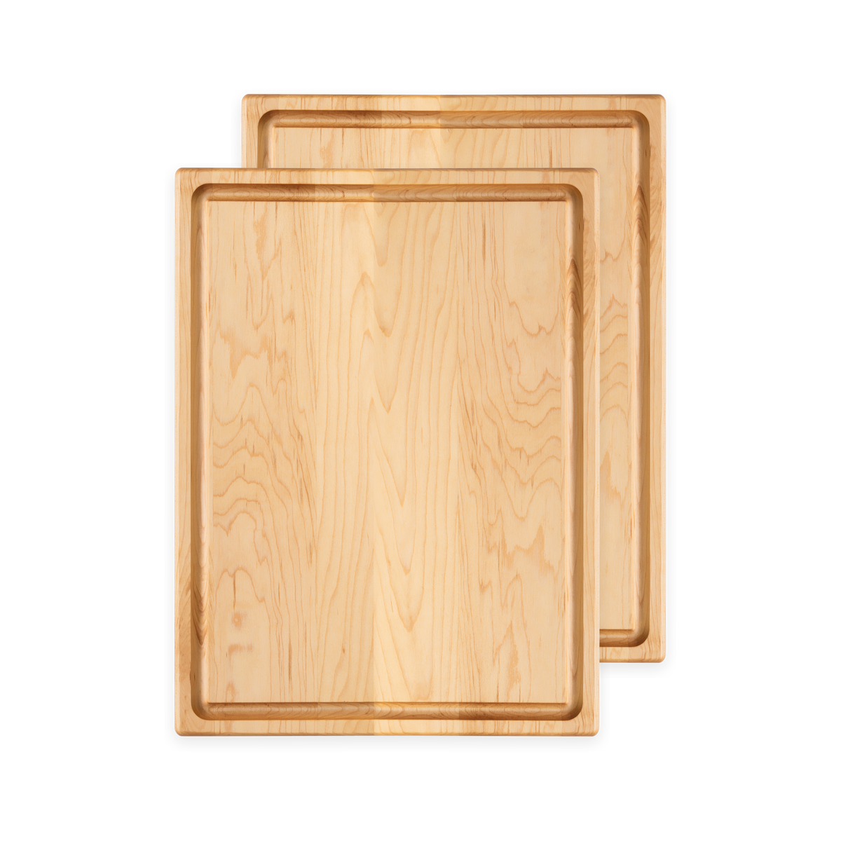 Vue de dessus de l’ensemble de deux planches à découper en érable avec rigole, de 16 × 12 po