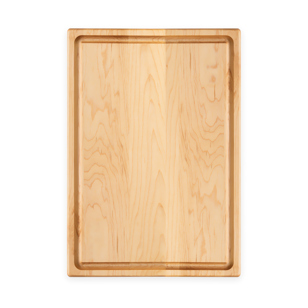 Overhead view of the maple cutting board with juice groove, 20 × 14 in