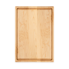 Overhead view of the maple cutting board with juice groove, 20 × 14 in