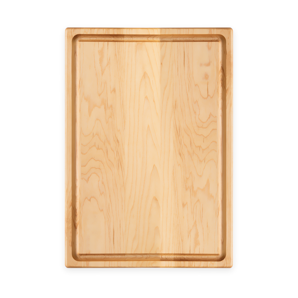 Overhead view of the maple cutting board with juice groove, 20 × 14 in