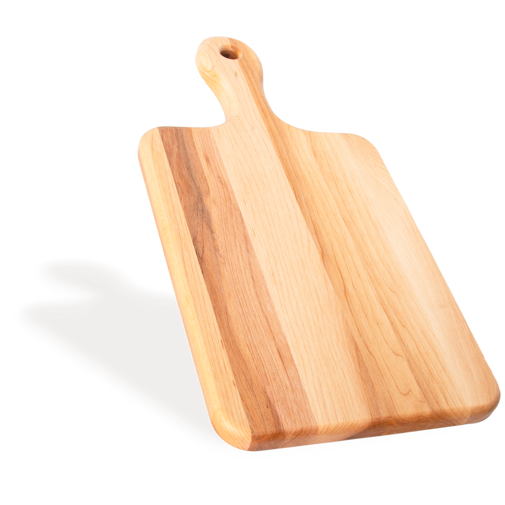 Side view of the large maple serving board with handle, 16 × 8 in
