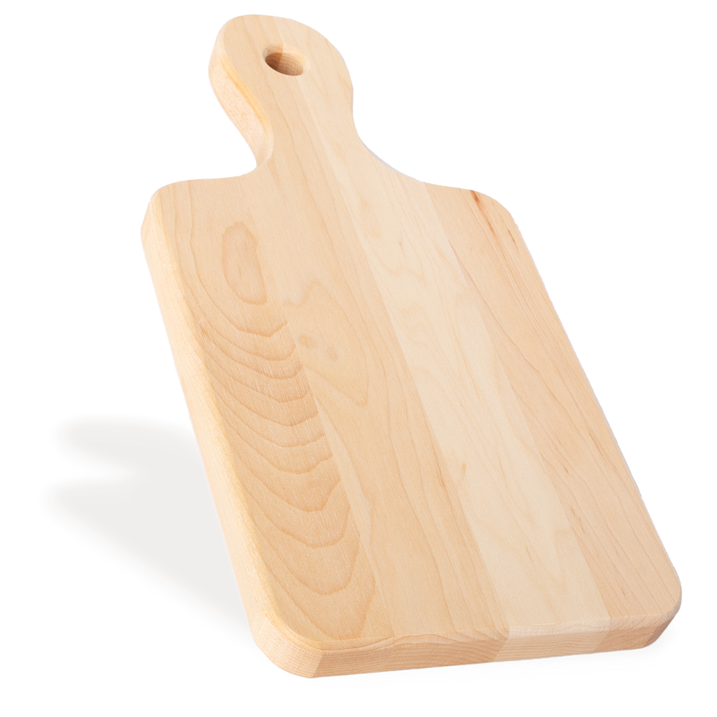 Side view of the small maple serving board with handle, 12 × 6 in