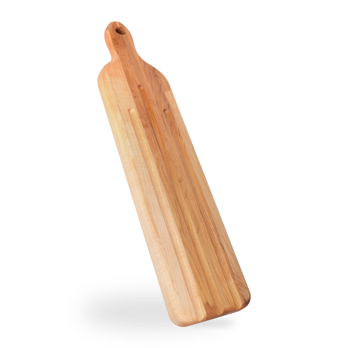 Maple baguette board standing on its short end, with the handle pointing up
