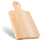Small maple serving board standing on its short end, with the handle pointing up