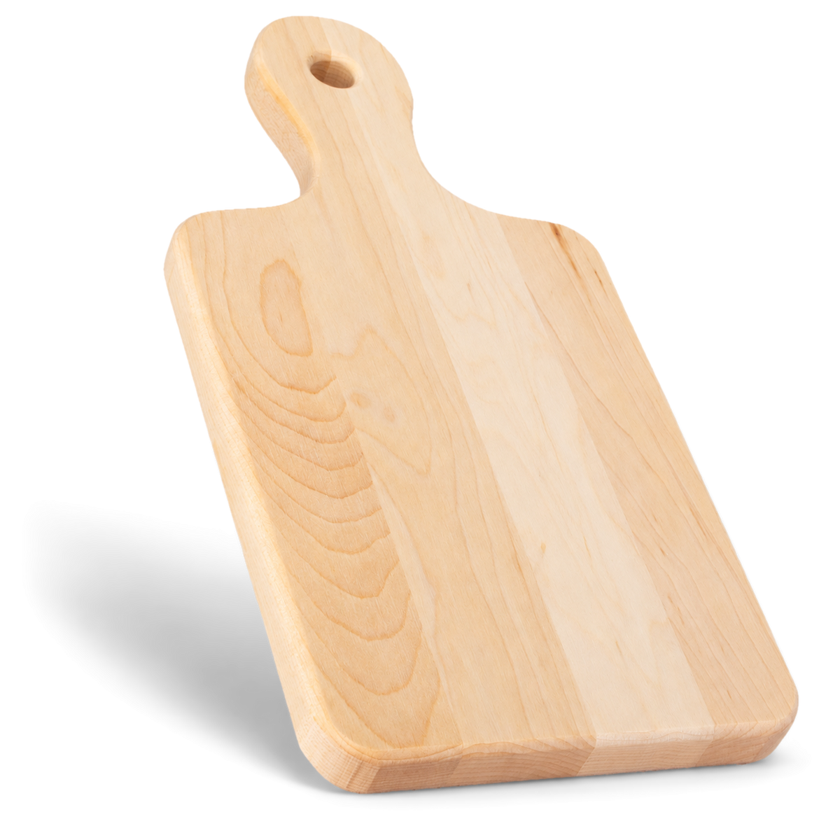 Small maple serving board standing on its short end, with the handle pointing up