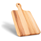 Large maple serving board standing on its short end, with the handle pointing up