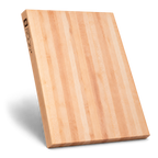 Maple edge-grain butcher block standing on its short edge, with the brand mark and side grip visible
