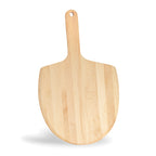 Maple pizza peel standing on its blade end, with the handle pointing up