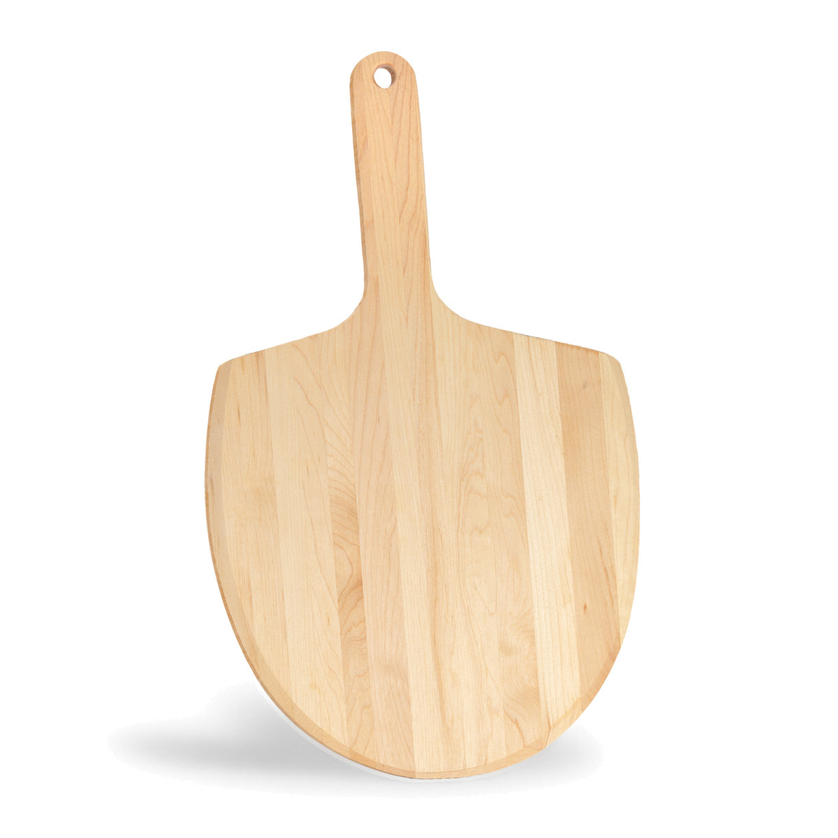 Maple pizza peel standing on its blade end, with the handle pointing up