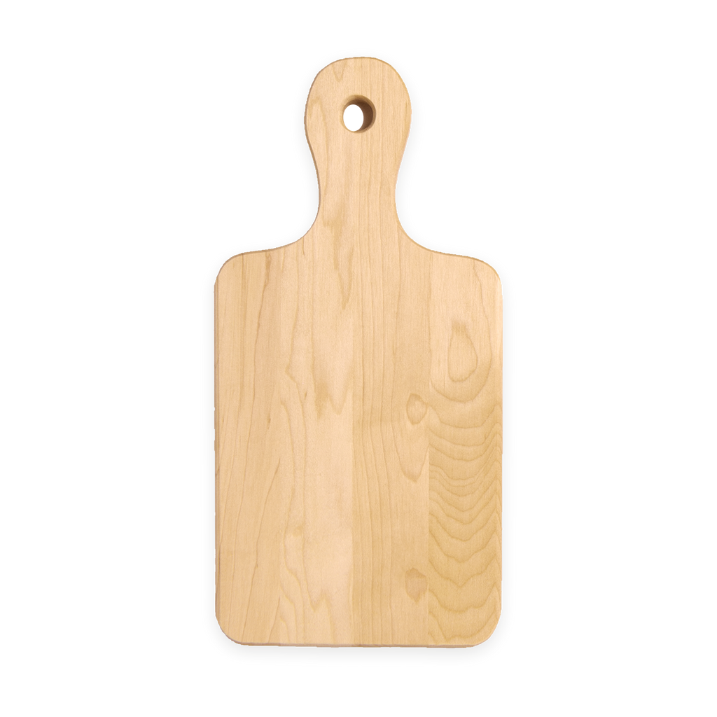 Overhead view of the small maple serving board with handle, 12 × 6 in